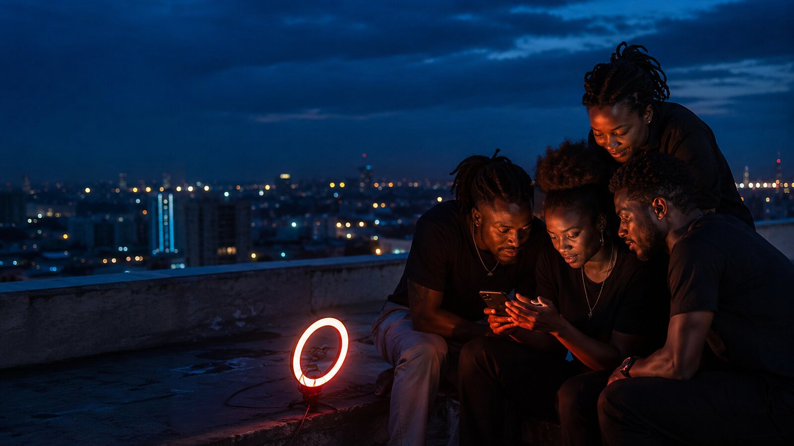Uma equipa de criadores a rever filmagens num terraço de Kinshasa à hora azul
