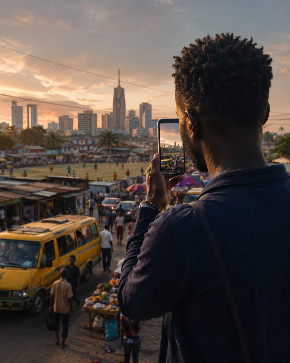 Um criador a filmar uma rua de Kinshasa à hora dourada